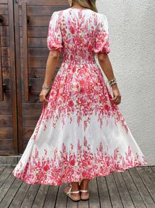 SHEIN LUNE Vacation Outfits Woman Floral Print Mid-Length V-Neck Short Sleeve Dress, Long Dress - Multicolor - View 2