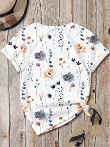 SHEIN LUNE 女士大码休闲简约全身花卉印花圆领短袖宽松 T 恤、套头衫适合夏季 - 白色 - 查看 5