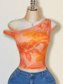 SHEIN ICON Plus Size Asymmetrical Shoulder Floral Print Fitted Casual Vacation Top - Yellow - View 4