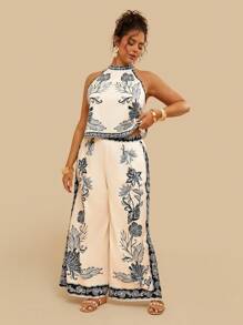 Travachic 波西米亚风加大码夏季度假海滩度假露肩露脐短款上衣 + 宽松阔腿裤套装 - 黑色 - 查看 3