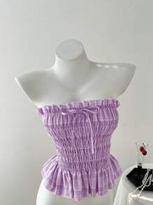 Elamini Spring/Summer Girls Frill Trim Bowknot Front Tight Fit Tube Top - Purple - View 3