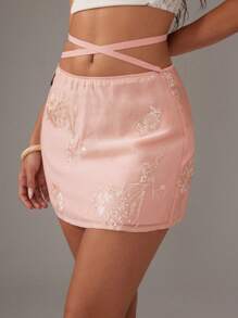 SHEIN Unity Chinese Style Sexy Sheer Embroidered A-Line Green Mini Skirt For Women - Pink - View 5