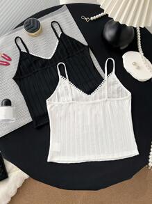 2 pièces Ensemble Top de Pyjama Femme Débardeur en Dentelle Contrastante