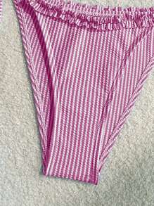 SHEIN Swim Women's Summer Beach Striped Ruffled Pink Bikini Bottom - Purple - View 3