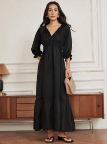 DAZY Summer Elegant Business Casual V-Neck Tie Ribbon Drawstring High-End Commuting Patchwork Ruffle Hem Long Dress For Women Maxi Dress - Black - View 2