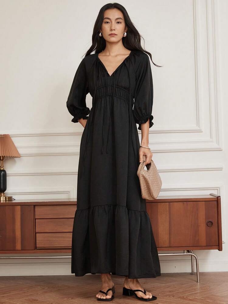 Summer Elegant Business Casual V-Neck Tie Ribbon Drawstring High-End Commuting Patchwork Ruffle Hem Long Dress For Women Maxi Dress