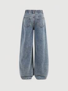 SHEIN Girlism Tween Girl Y2K 复古水洗高腰猫须水洗宽松直筒牛仔裤，秋冬装返校街头服饰 - 淺色水洗藍 - 查看 2