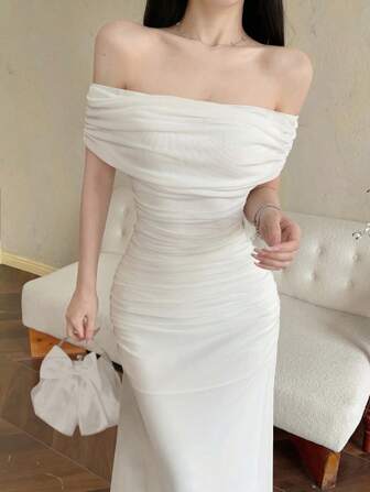 Modelyn 여성용 메시 오프숄더 러치드 웨이스트 드레스, 결혼식, 데이트 나이트 용 우아한 드레스