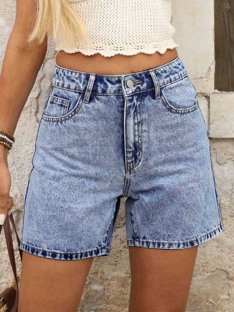 SHEIN Privé Women's Summer Casual Washed Slant Pocket Bermuda Denim Shorts