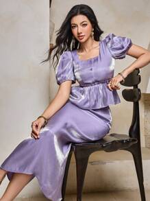 DAZY 2pcs/Set Women's Vacation Outfit With Ruffle Hem Short Puff Sleeve Top And Skirt, Wedding Guest - Purple - View 6