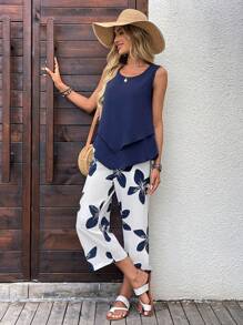 EMERY ROSE Women's Vacation Solid Asymmetric Hem Camisole And Floral Print Pants Set - Multicolor - View 4