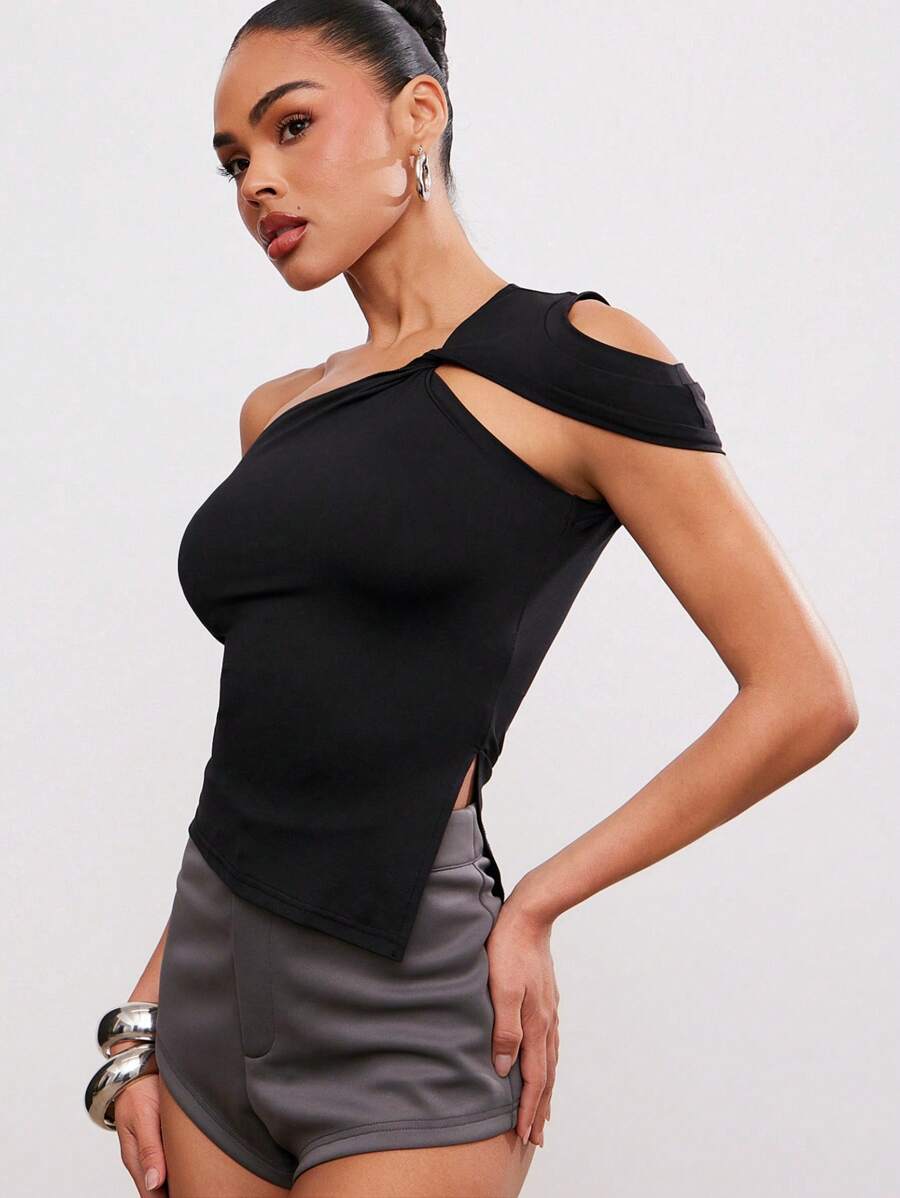 Hauture Women Side Slit Hem Sleeveless Halter Top - Black - View 1