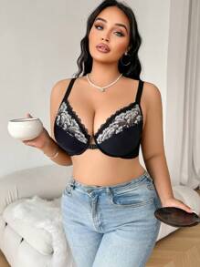 SHEIN 1 pieza Sujetador con aros para mujer de talla grande, sujetador sexy push up de encaje y parches