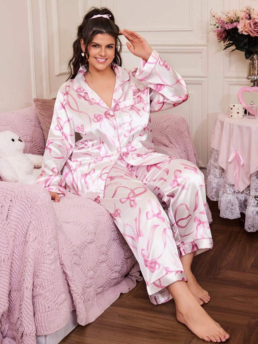 Slumberry CURVE Plus Size Women Bow Sweet Top & Pants Sleepwear Pajama Set, Fall Winter Clothes, Cozy Outfit - Multicolor - View 1
