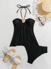Swim Lushoire Bộ 2 áo crop top và bikini dây mảnh vải đen họa tiết vỏ sò vàng phong cách kỳ nghỉ - màu đen - Xem 6
