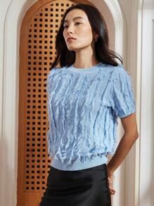 Dazy-Less Top tricoté élégant à manches courtes avec décorations à franges, style décontracté chic, pour l'été, pour les enseignantes - Bleu azur - Voir 5