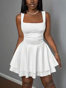 Slaydiva Women's Summer Basic Casual Sweet Square Neck Sleeveless Ruched Flared Short Dress - D,Business Casual Woman