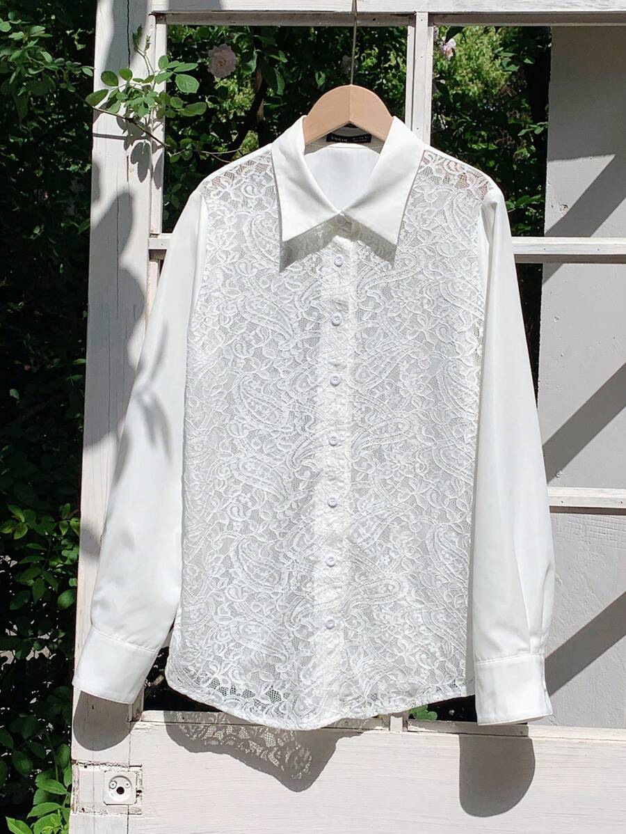 Comfortcana Áo cánh tay dài, cài một hàng khuy, cổ tay dài, thêu ren hạt điều cho nữ - trắng - Xem 1