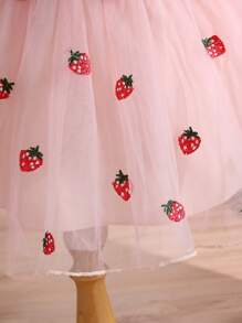 SHEIN Glamorique Kids Baby Girls Summer Sweet Strawberry Embroidered Cap Sleeve Mesh Dress, Suitable For Festivals, Gatherings, Parties, Birthdays, Vacations