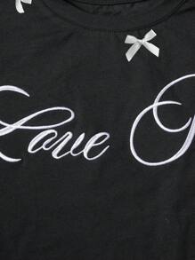 INAWLY Women's Letter Print Short Sleeve Casual Round Neck T-Shirt - Black - View 5