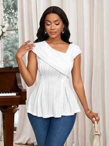SHEIN Lady Camiseta feminina de cor sólida com babados e decote assimétrico - Branco - Ver 5