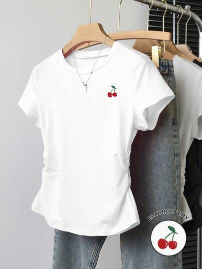 INAWLY Damen Sommer Lässig T-Shirt mit Kirschstickerei und Raffung