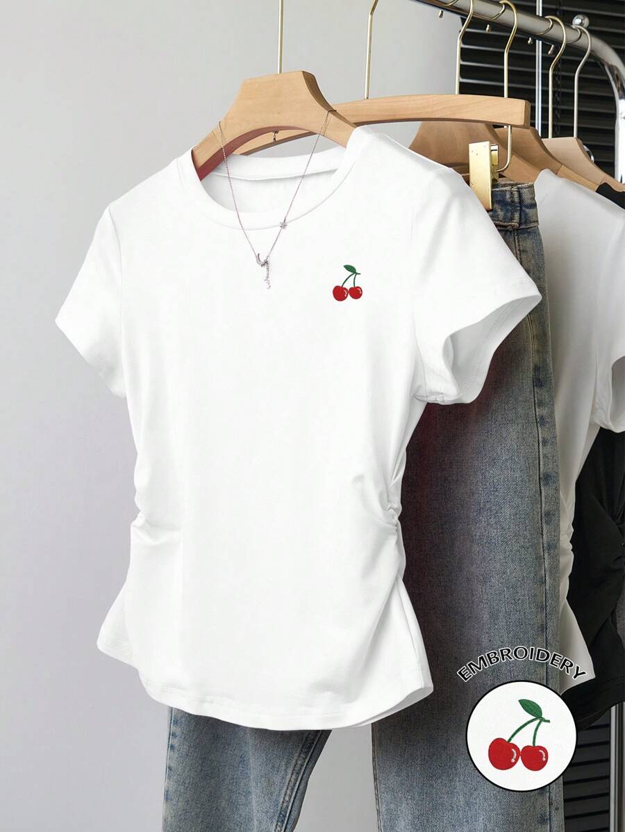 INAWLY Kaos Wanita Kasual Musim Panas dengan Bordir Cherry dan Detail Kerut - Putih - View 1
