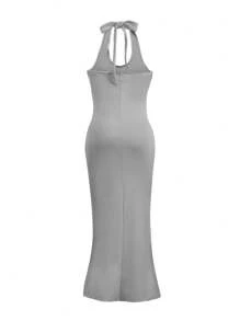 INAWLY Women's Summer Solid Color Slim Fit Casual Dress - Grey - View 2