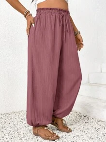 SHEIN Frenchy Pantalones informales de unicolor con cordón para tallas grandes - Rosa vieja - View 5