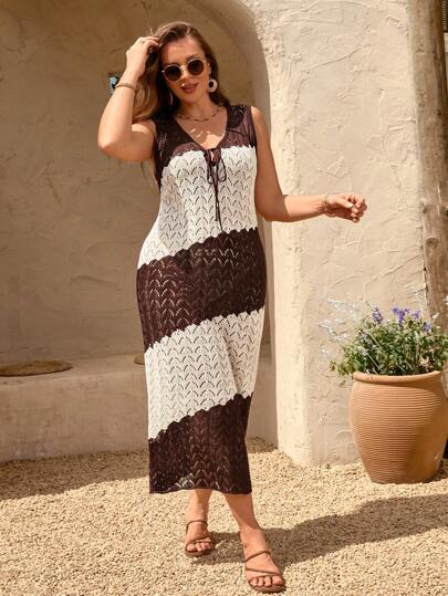 SHEIN Privé Plus Size Women Hollow Out Casual Resort Elegant Minimalist High-End Knitted Sweater Dress Winter Fall Autumn