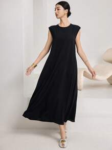 Heiryn Women's Solid Color Black Round Neck Simple Long Arabic Style Dress, Casual Vacation ,Black Dress