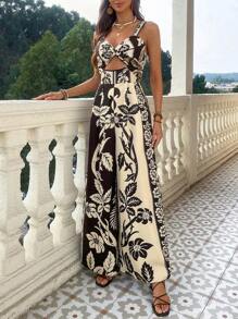 SHEIN VCAY Mono amplio de pierna ancha tejido con estampado para mujeres