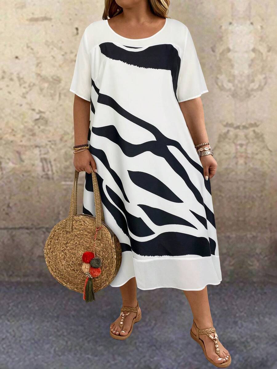 EMERY ROSE Plus Size Women's Short Sleeve Colorblock Printed Vacation Casual Blue And White Striped Dress - White - View 1
