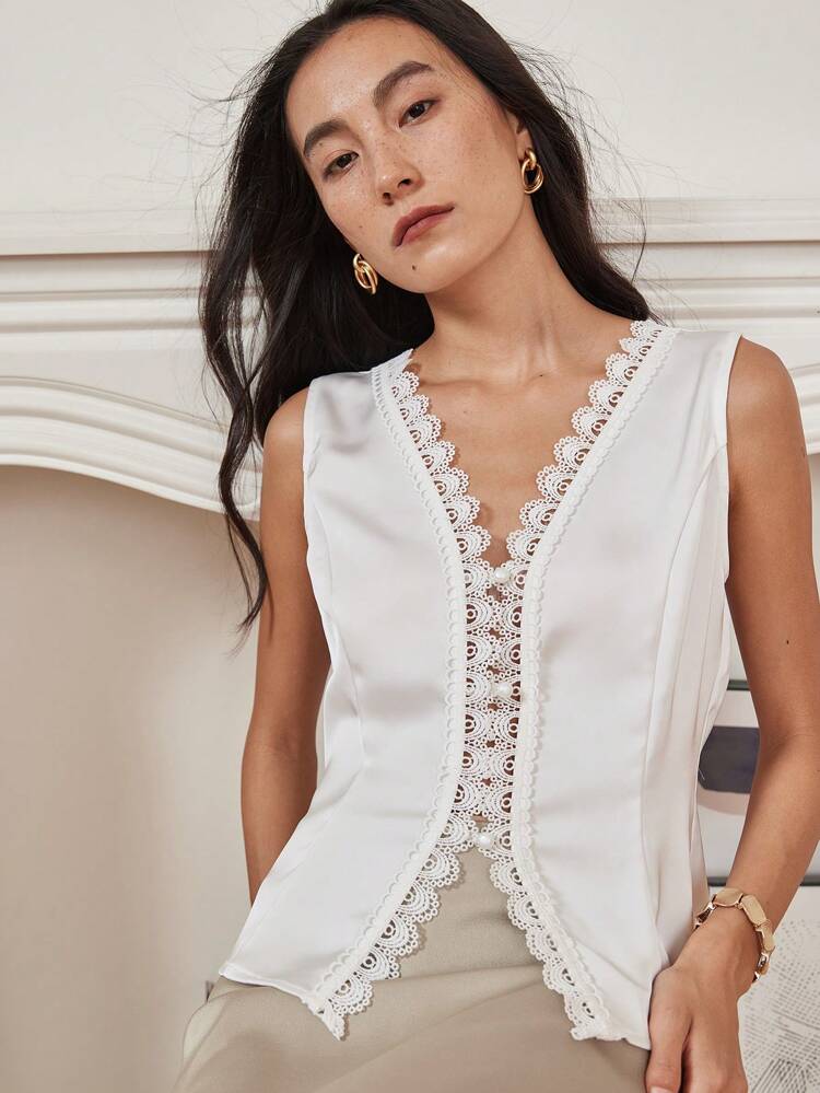 Women's Summer Casual V-Neck Lace Patchwork Satin Sleeveless Cardigan Top, Elegant For Work And Vacation