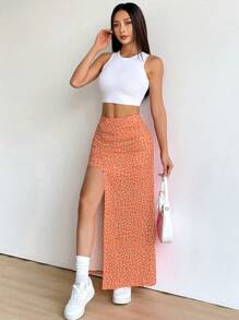 SHEIN EZwear 橙色碎花长款开叉下摆休闲 A 字裙，夏季女士 - 橘色 - 查看 4