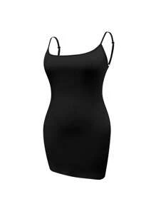 INAWLY Plus Size Summer Casual Versatile Solid Color Fitted Slip Dress - Black - View 5