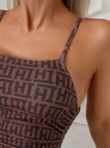 Swim Basics Women's Summer Sexy Random Print Spaghetti Strap One-Piece Swimsuit With Drawstring - Coffee Brown - View 3