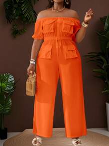 Slaydiva Plus Size Fitted Solid White Long Jumpsuit, One Shoulder, Pockets, Casual Holiday Wear, Spring/Summer - Orange - View 1