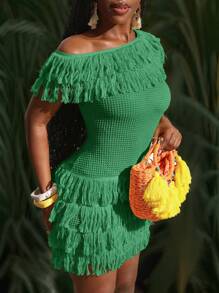 Slaydiva 全新休闲度假日常百搭多功能休闲度假巡航旅行海滩日光浴露肩流苏纹理面料流苏下摆女式迷你连衣裙 - A - 綠色 - 查看 3