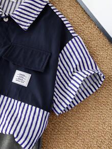 2pcs/Set Young Boys Comfortable Casual Loose Fit Korean Fashion Stylish Striped Shirt And Contrast Color Shorts Set, Suitable For Daily Wear, Sports, Outing, School, Parties, Festivals, Photoshoot, Back To School Season, Spring/Summer