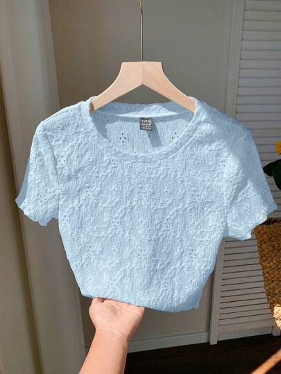 Comfortcana Basic Blue Jacquard Knit Crew Neck Short Sleeve T-Shirt, Summer Tops
