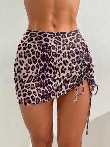 Women Halter High Waist Ruched Leopard Print One-Piece Swimsuit Bottom For Summer Beach Vacation - Multicolor - View 1