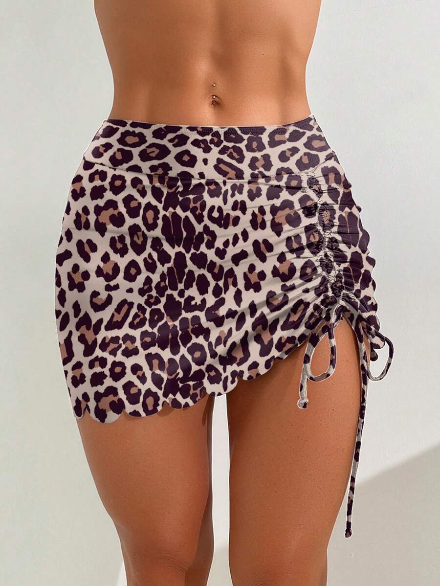 Women Halter High Waist Ruched Leopard Print One-Piece Swimsuit Bottom For Summer Beach Vacation - Multicolor - View 1
