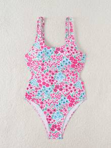SHEIN Swim 1 件女士度假海滩花卉印花露背连体泳衣 - 彩色 - 查看 7