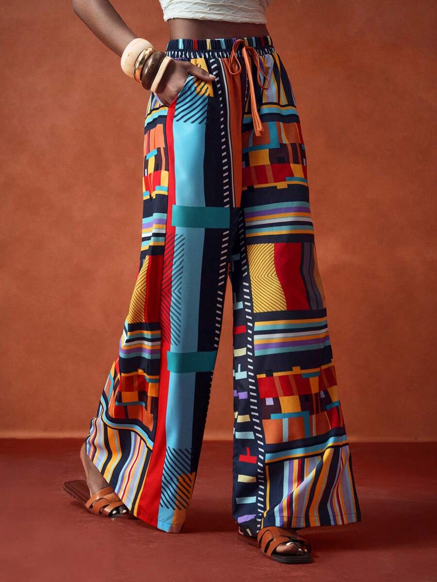 Zivah 2025夏季新款度假高腰波西米亚风定位印花阔腿女裤，音乐节，西部游牧风，度假，波西米亚风，海滩，日常出游，派对聚会，毕业舞会，俱乐部 - B - 彩色 - 查看 1