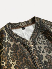 ROMWE MEN Street Life Men's Street Leopard Print Single-Breasted Denim Shirt Short Sleeve - Black - View 3