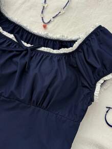 Teen Girls Blue Color Block Shoulder, Chest Ruched, Fitted, Casual, Collegiate, Woven Blouse, Versatile Shirt