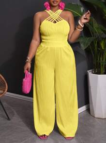 Slaydiva Plus Size Women's Elegant Criss-Cross Front Jacquard Jumpsuit, Suitable For Casual Commute And Vacation