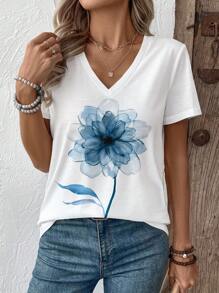 Grand t-shirt femme à col en V et manches courtes, imprimé floral, Top d'été casual - Blanc - Voir 3