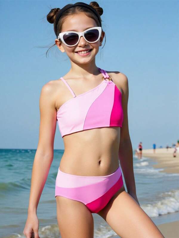 Set de costume de baie pentru fete preadolescente, cu blocuri de culoare, decolteu asimetric, seturi de vară pentru fete tinere, costume de baie pentru fete, seturi de bikini pentru fete tinere, costume de baie pentru adolescente, seturi de bikini pentru fete adolescente, costume de baie din două piese